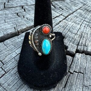 Vintage Sterling Silver Turquoise and Coral Feather Ring - Women's Jewelry